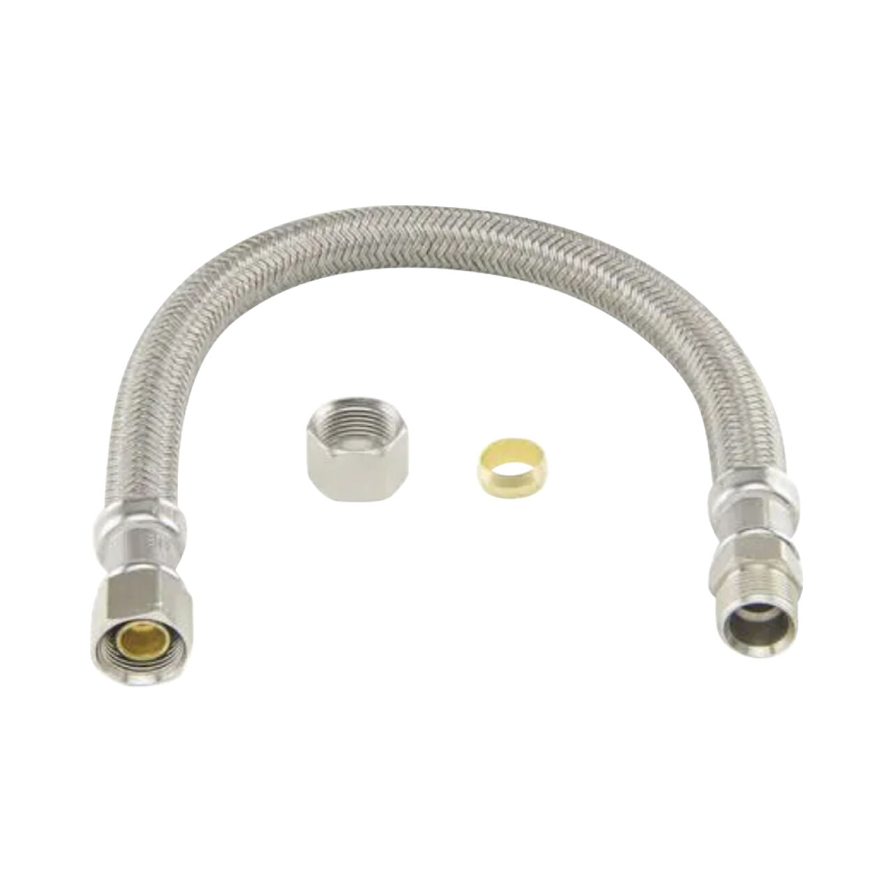 The Go Build 3/8 in. Compression x 3/8 in. O.D. Compression x 12 in. Braided Polymer Faucet Connector features two end fittings and is shown with its metal nut and brass ring on a white background. Brand: Go Build, The Fastest Way To Build.